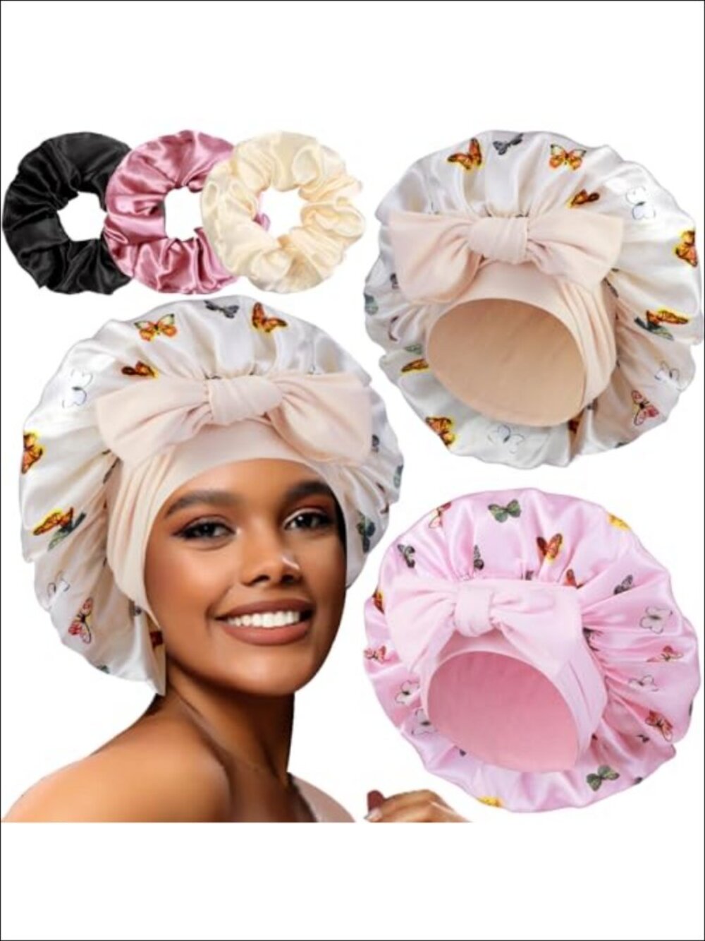 2 Pack Large Satin Hair Bonnets with 3 Satin Scrunchies Adjustable Tie Sleep